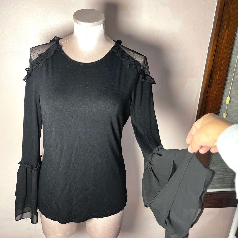 INA Black Ruffle Long Sleeve Top Mesh Shoulder Tiered Bell Cuffs S Whimsigoth